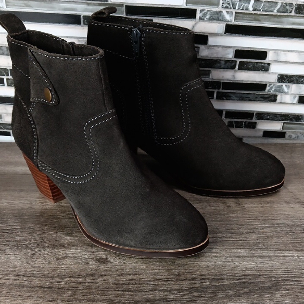 Diba Charcol Grey Sophia 7M Ankle Booties Brown Heel Womens Side Zip